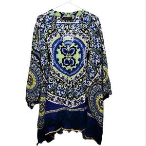 Ashley Stewart Boho Tunic Blue Yellow Floral Paisley Hi-Lo Hem Plus Size 3X